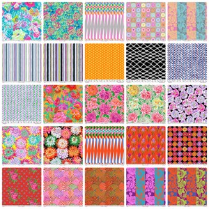 May include: A selection of patterned fabric swatches. The designs include floral, geometric, and abstract patterns in a variety of colours, including pink, blue, orange, and green. Each swatch has a ruler along the bottom edge.