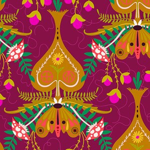 May include: A repeating pattern featuring stylized moths, flowers, and decorative vases in shades of gold, pink, green, and white against a deep magenta background. The design has a whimsical, folk-art aesthetic.