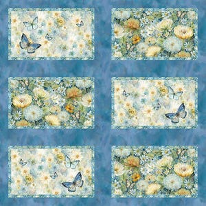 May include: Six rectangular fabric panels with floral and butterfly designs. Each panel features a light background with yellow and white flowers, butterflies, and a patterned border. The background is a blue, marbled pattern.