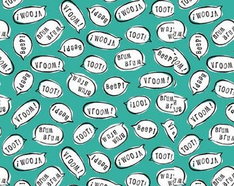 May include: A teal blue background with a repeating pattern of white speech bubbles with black text. The text in the speech bubbles includes the words "toot", "beep", "vroom", "wooja", "brum", and "deep".