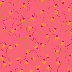 May include: A repeating pattern of stylized yellow flowers with pink centres and green stems on a bright pink background. Thin, dark pink curved lines add to the whimsical floral design. Ideal for fabric or wallpaper, this pattern has a lively, colourful aesthetic.