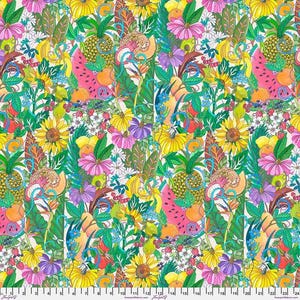 May include: A vibrant fabric design featuring a colorful array of fruits and flowers. Pineapples, watermelons, peaches, and sunflowers are interspersed with green leaves and blue swirls. The design is a mix of pink, yellow, green, and blue hues.