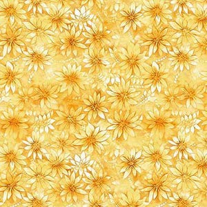 May include: A repeating pattern of yellow and white flowers on a yellow background. The flowers have multiple petals and are arranged in a dense, all-over design. The fabric has a watercolor effect.