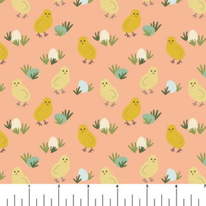May include: A seamless pattern featuring yellow chicks and white eggs on a peach background. The chicks are depicted in a simple, cartoon style with small beaks and legs. The eggs are scattered throughout the pattern, adding a touch of whimsy.
