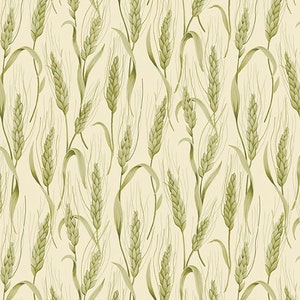 May include: A seamless pattern featuring wheat stalks in varying shades of green against a cream-colored background. The wheat is depicted with detailed leaves and seed heads, creating a natural, botanical design.