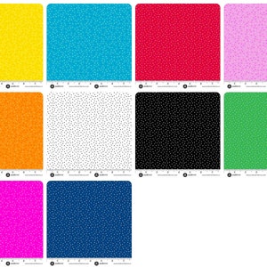 May include: Ten fabric swatches with a white polka dot pattern on different colored backgrounds. The colors are yellow, blue, red, pink, orange, white, black, green, magenta, and navy.