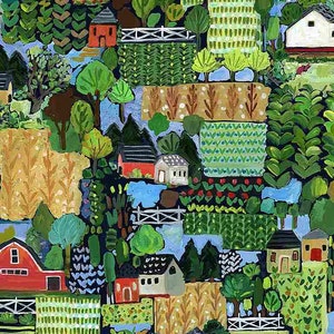 May include: A colorful, abstract painting depicting a rural landscape. The artwork features various houses, barns, fields, and trees in a patchwork design. The color palette includes shades of green, red, white, and blue, creating a vibrant and whimsical scene.