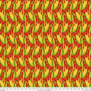 May include: A repeating pattern of yellow corn on the cob with green husks and red accents. The design is a vibrant and colorful illustration, perfect for fabric or wallpaper.