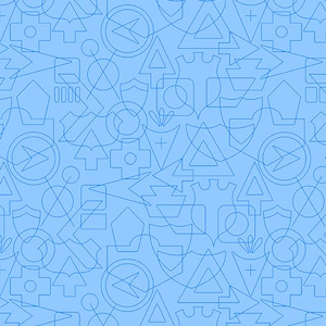May include: A seamless pattern featuring a light blue background with a repeating design of geometric shapes in a darker shade of blue. The pattern includes crosses, circles, triangles, and shield-like forms, creating a modern, abstract design.