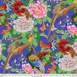 May include: A fabric print featuring a vibrant blue background with large pink and red peony flowers, green leaves, and multiple colourful butterflies. Two long-tailed pheasants are perched among the branches. A ruler is visible at the bottom.