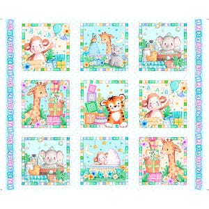 Pode incluir: Um painel de tecido com nove ilustrações quadradas de animais bebês. Cada quadrado tem um fundo azul claro com uma borda de números e letras. As ilustrações incluem um macaco, uma girafa, um elefante e um tigre, com a palavra "BABY" em alguns quadrados.
