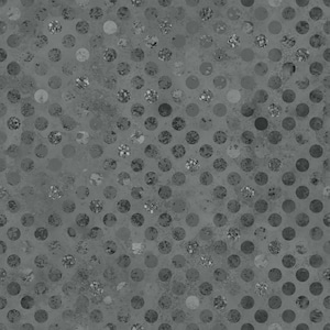 May include: A seamless textile pattern featuring a dark gray background with a repeating arrangement of circular dots. The dots exhibit varying shades of gray and black, displaying a textured, mottled appearance throughout the entire surface.