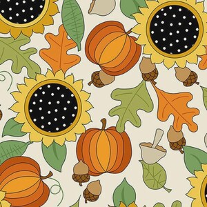 May include: A repeating pattern featuring sunflowers, pumpkins, acorns, and leaves in shades of yellow, orange, green, and brown. The sunflowers have black centers with white polka dots. The background is a cream color.