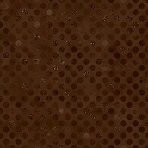 May include: A dark brown fabric featuring a repeating pattern of circular polka dots. The dots are arranged in a grid formation and exhibit a textured, slightly metallic or glittery appearance against the solid matte brown background.