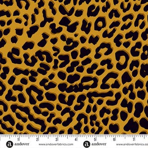 May include: A seamless fabric pattern featuring a repeating design of black leopard spots on a golden yellow background. The fabric is measured in inches.