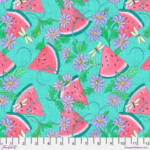 May include: A repeating pattern featuring watermelon slices, purple daisies, green leaves, and dragonflies on a teal background. The design includes curved lines and the text "Free Spirit Fabrics".