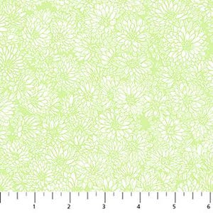 May include: A fabric with a repeating floral pattern. The design features white outlines of chrysanthemum-like flowers on a light green background. The image includes a ruler along the bottom edge, showing measurements in inches.