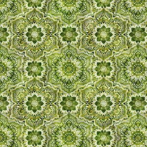 May include: A seamless pattern with intricate green and gold mandala designs. The pattern is symmetrical and features a repeating motif of floral and geometric shapes.