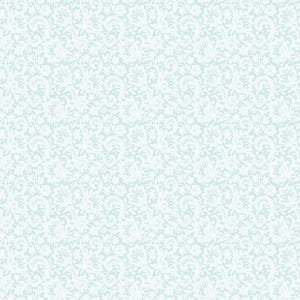 May include: A seamless pattern featuring a delicate, intricate lace design. The pattern is composed of white floral and scrollwork motifs against a soft, pale blue background, creating a textured, elegant look.