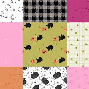 Peut inclure: Une collection de neuf échantillons de tissu avec divers motifs. Ceux-ci incluent des dessins au trait noirs et blancs de citrouilles et de fleurs, un motif à carreaux noir et gris, et un motif d'Halloween avec des chats noirs et des lanternes.
