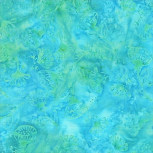 May include: A fabric with a watercolor effect in shades of blue and green. The design features stylized floral shapes scattered across the surface. The fabric has a soft, flowing appearance, suitable for various craft projects.
