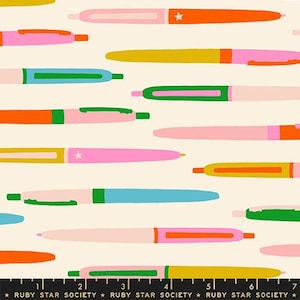 May include: A repeating pattern of colorful pens in various shades of pink, orange, yellow, green, and blue on a cream background. Some pens have a star detail. The text "RUBY STAR SOCIETY" is at the bottom.