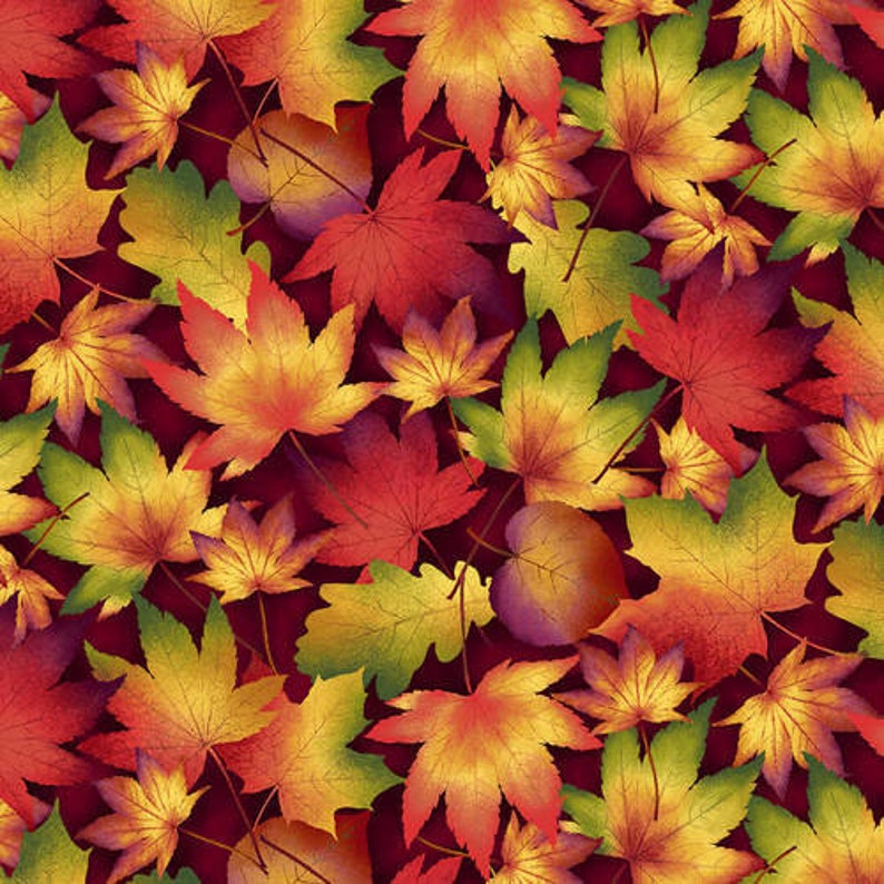 Sold by the Yard and Cut Continuous Henry Glass Autumn Time Leaves 2321-89 Burgundy Fabric by Color Principles In StockShips Today