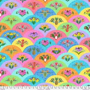 May include: A vibrant fabric pattern featuring a repeating fan-like design. Each fan showcases a different colorful illustration of fruits, flowers, and plants, including pineapples, sunflowers, and avocados. The design is a mix of pink, green, yellow, and blue.