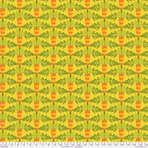 May include: A repeating pattern of orange carrots with green leafy tops on a yellow background. The carrots have a striped design. The pattern is evenly spaced and covers the entire surface.