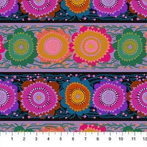 May include: A colorful fabric with a repeating floral pattern. Large, stylized flowers in shades of pink, orange, green, and purple are arranged in horizontal rows. The design includes a ruler at the bottom, showing measurements in inches.