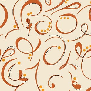 May include: A repeating pattern on a light cream background featuring burnt orange calligraphic swirls, thin black ink lines, and small orange dots arranged in clusters. The design consists of fluid, hand-drawn organic shapes and curves.