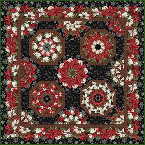 Può includere: Una trapunta quadrata con sfondo nero e fiocchi di neve bianchi. Il design presenta un bordo di stelle di Natale rosse e bianche e quattro medaglioni ottagonali contenenti composizioni floreali circolari di stelle di Natale.