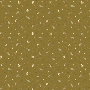 May include: An olive green pattern featuring a repeating design of leaves, berries, and small dots. The leaves are in shades of green and cream, with small red berries and cream-colored dots scattered throughout the design.