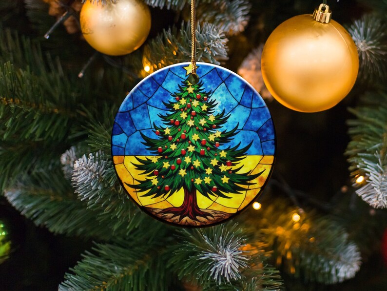 Ukrainian Flag Stained Glass Art Style Printed Christmas Tree Ornament