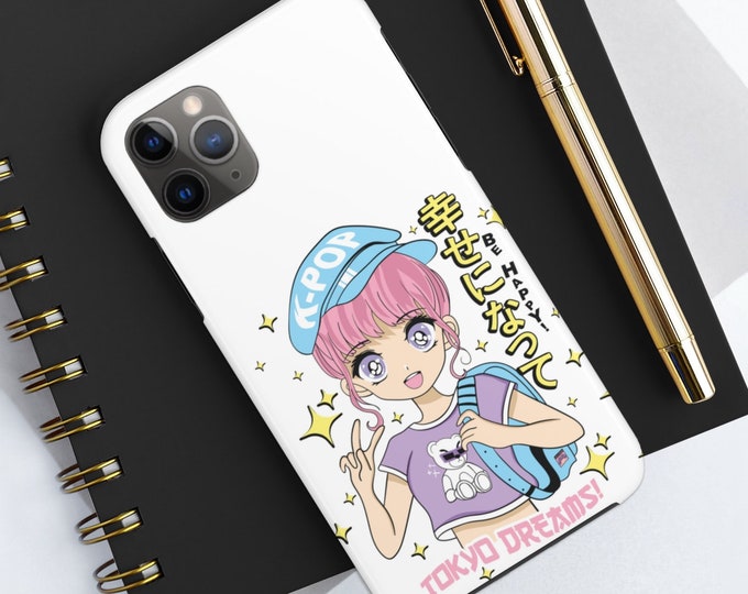 Be happy Japanese text Anime iPhone Case, Tokyo dreams Anime Phone case, Anime Girl illustration and Japanese slogan Tough Phone Cases