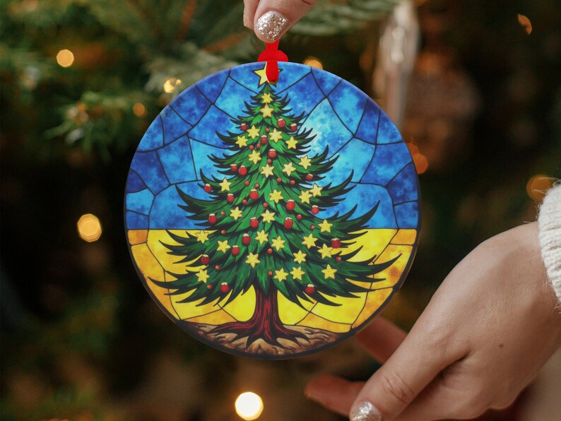 Ukrainian Flag Stained Glass Art Style Printed Christmas Tree Ornament
