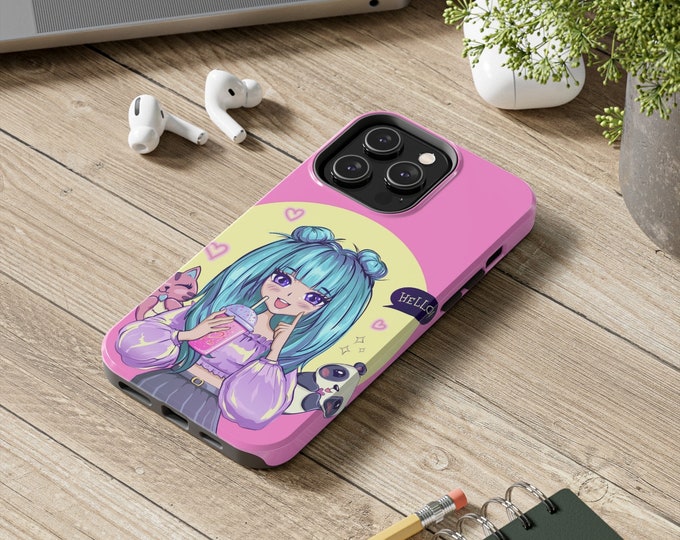 Pink Fashionista Anime phone case with blue hair anime girl panda and cat printed Anime Tough Phone Cases for iPhone and Samsung