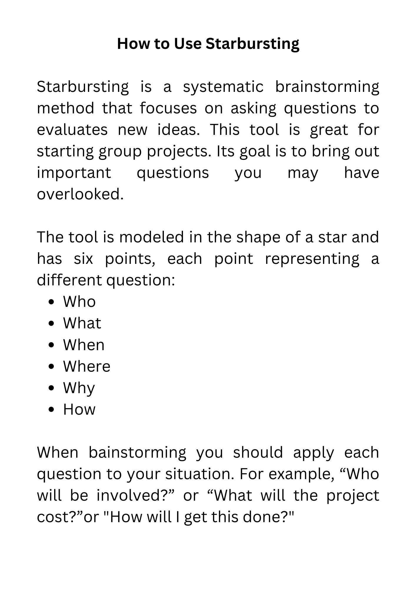 Starburst Chart for Brainstorming Tool Printable Bullet Journal ...