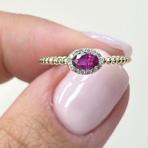 Ruby Diamond Rope Ring, 10k Solid Gold, Genuine 5x3mm Oval Ruby, White Diamond Halo, Dainty Gold Stacking Ring, July Birthstone Jewelry
