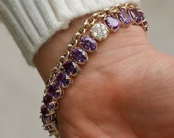 Pulseira de Alexandrita com Diamantes, Pulseira de Pedras de Nascimento de Junho, Pulseira de Tênis com Pedras Preciosas, Pulseira de Pingente de Ouro Maciço com Alexandrita