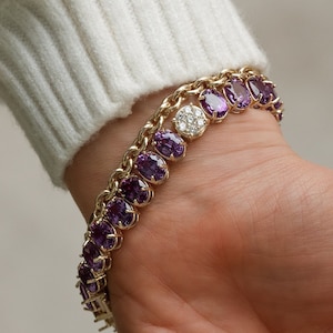 Alexandrite Bracelet With Diamonds, June Birthstone Bracelet, Gemstone Tennis Bracelet, Solid Gold Charm Bracelet With Alexandrite