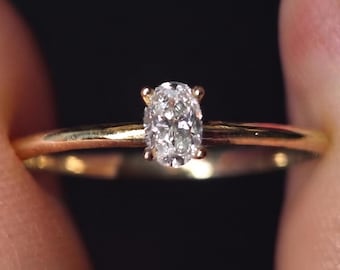 Oval Diamond Solitaire Engagement Ring, Minimalist Dainty Band in Solid 10k or 14k Yellow, Rose, or White Gold, Delicate Anniversary Gift