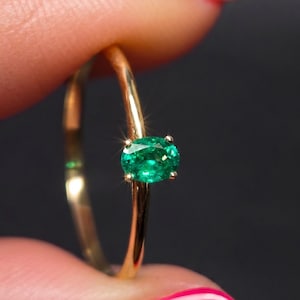 Genuine Emerald Solitaire Ring, Minimalist Dainty Stacking Band in Solid 10k or 14k Yellow, Rose, or White Gold,  May Birthstone Gift