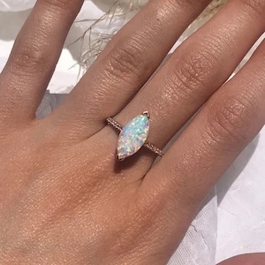 Genuine Opal and Diamond Gold Ring, Affordable Engagement Ring, Marquise Cut Opal Ring With Diamonds, Statement Ring, Dainty Gold Ring