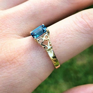 Emerald Cut London Blue Topaz Gold Ring, Elegant Women Ring With Detailed Band, Solid Gold Ring