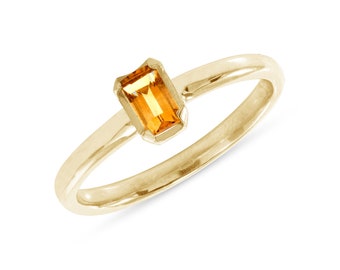10k Solid Gold Citrine Ring, Emerald Cut Citrine Ring, November Birthstone Ring, Simple Gold Ring Gift For Her