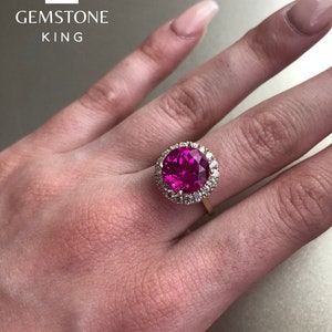 Pink Sapphire and Diamond Halo Ring, Solid Gold Ring, Pink Statement Ring, Pink Jewelry, Large Ring, Women Statement Ring, Dainty Ring