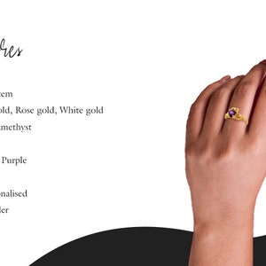 May include: A gold Celtic ring with a purple amethyst gemstone. The ring is handmade and can be personalized.