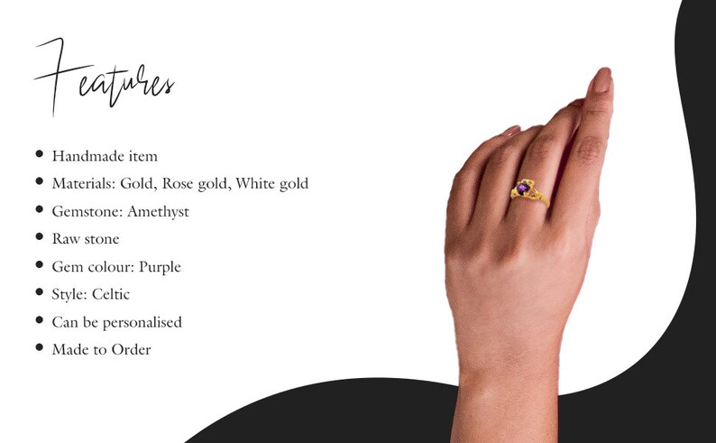 May include: A gold Celtic ring with a purple amethyst gemstone. The ring is handmade and can be personalized.