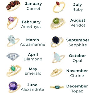 May include: A chart showing different gemstones for each month of the year. Each gemstone is displayed on a gold ring. The text reads "Customize any ring with a gemstone of your choice!" and "+ we offer free engraving of name or initials".